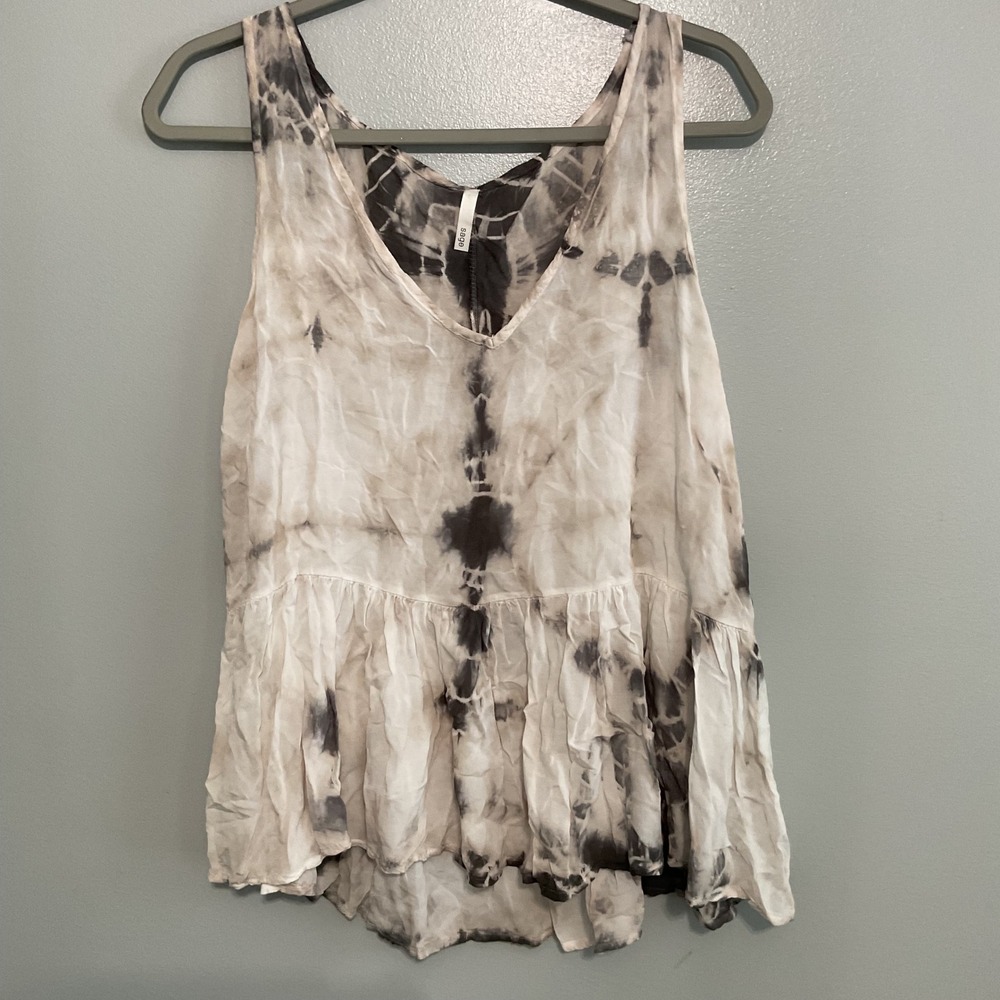 Sage Tie Dye Tank Top Women Large White Black‎ Sleeveless Peplum Rayon T4514